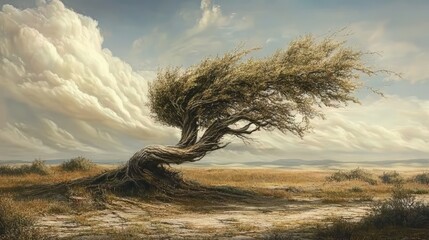A strong tree branch bending but not breaking in the wind, symbolizing mental flexibility and strength.