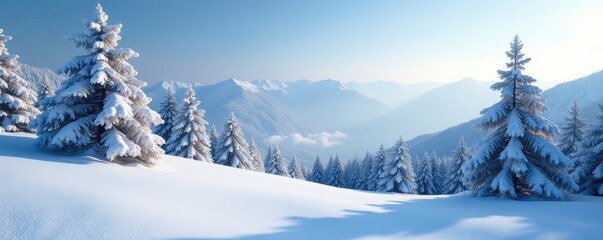 Obraz premium Snow-covered landscape with pine trees and hills, hills, peaceful