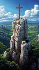 Majestic Red Cross on Rocky Mountain Peak Overlooking Lush Green Valley Under Blue Sky with Fluffy White Clouds in Serene Nature Landscape