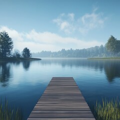 A peaceful wooden bridge and pier over a calm lake surrounded by nature