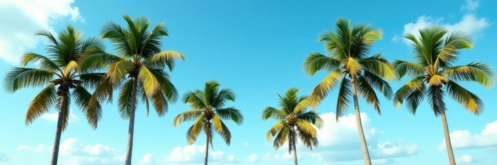 Obraz premium Tallest palm trees swaying gently in the breeze on a serene sky background, scenery, blue sky