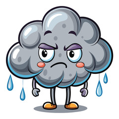 A grumpy, anthropomorphic rain cloud character pours rain onto itself, expressing self-pity; detailed, whimsical illustration.