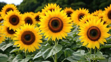 Obraz premium A sunflower field in full bloom, with golden-yellow flowers stretching across the landscape and a bright sky above.