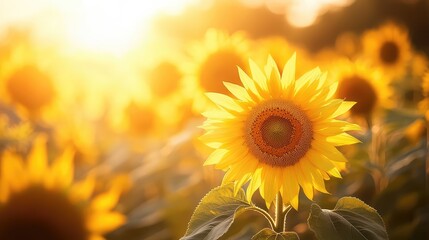 A sunflower field in the golden hour, with soft sunlight casting a warm glow over the bright yellow flowers.