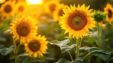 Obraz premium A sunflower field in the golden hour, with soft sunlight casting a warm glow over the bright yellow flowers.