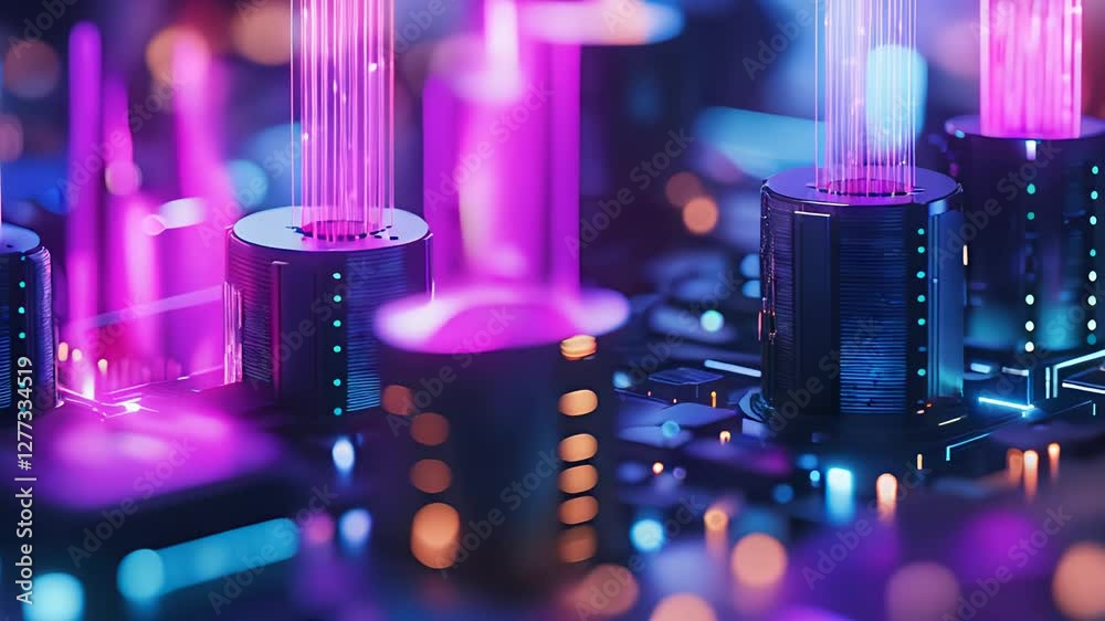 Wall mural futuristic circuit board with glowing purple energy towers, symbolizing advanced technology, quantum