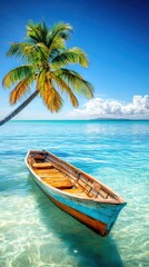 Fototapeta premium Wooden fishing boat floating on crystal clear turquoise water under palm tree