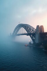 Naklejka premium Thick fog veils Sydney Harbour Bridge landscape, fog, mist