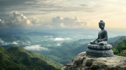 Fototapeta premium A tranquil Buddha statue atop a mountain, with a clear sky and peaceful clouds floating by.