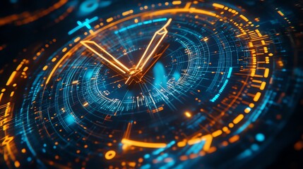 Design a futuristic neon clock with glowing hands, vibrant blue & orange hues, and intricate digital details on a dark background. Perfect for tech-inspired projects