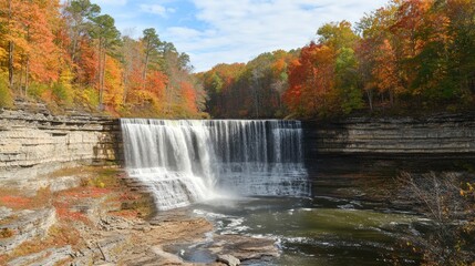 Autumn Waterfall in Colorful Forest