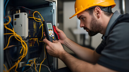 Heating and cooling technician conducting equipment diagnostics and repairs in a residential setting during daylight hours