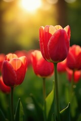 Fototapeta premium Tulip petals unfolding under the sun's warm rays, sunlight, foliage, blossoms