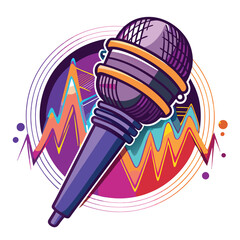 Obraz premium Neon-lit dynamic microphone with vibrant sound waves radiating outwards, showcasing audio technology.