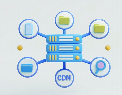 3D icon Content Delivery Network CDN efficiently distributes data from servers to various devices and applications