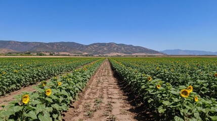 Rows of sunflowers in full bloom, lined up in the countryside with a bright blue sky above.