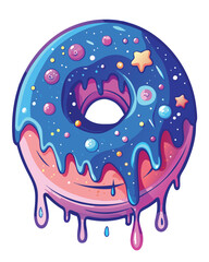 A glazed donut with a swirling galaxy filling its hole; vibrant stars drip down the sides, creating a cosmic confection.