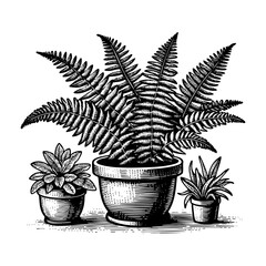 Fern on pot engraving black and white outline. Scratch board imitation.
