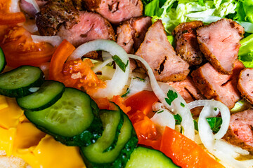 Sliced grilled meat with fresh vegetables and cheese on a sandwich