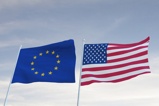 Flags of EUROPEAN UNION AND United States of America USA waving with cloudy blue sky background, WAR 3D rendering