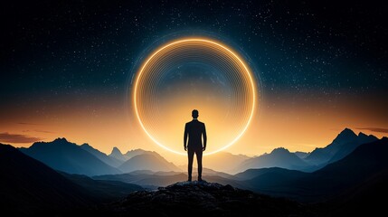 Futuristic Business Leader Navigating Uncertain Times with Digital Data Insights | Flat Art Illustration