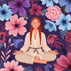 Woman Meditating in Lotus Position Surrounded by Colorful Floral Design