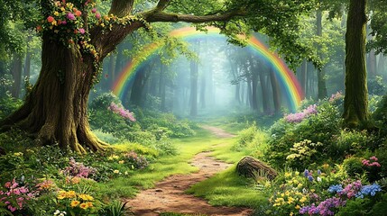 Magical forest path, rainbow, mist