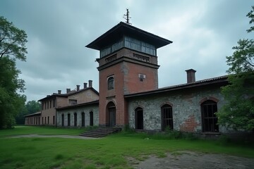 Fototapeta premium Abandoned Brick Building Complex with Tower and Cloudy Sky