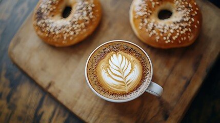 Latte with bagel, wooden board, cafe setting