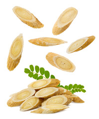 frequently-used traditional Chinese herbal medicine astragalus slices with green leaves.
