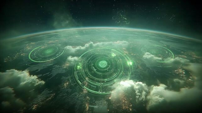 Technological Earth: A futuristic depiction of Earth, with glowing green technological structures and networks overlaying the planet, symbolizing advanced technology and connectivity.
