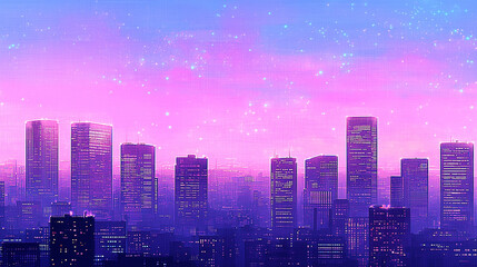 Fototapeta premium Skyline Serenity: A vibrant urban skyline silhouette against a gradient sky, painted in shades of violet, purple, and pink, evoke a sense of futuristic charm, offering a tranquil.