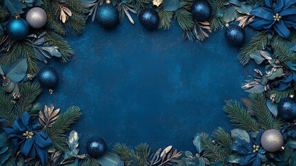 Elegant holiday border with lush evergreen branches, blue ornaments, and sparkly bows. Perfect for festive cards, invites, or social media. Monochromatic blue wintry theme