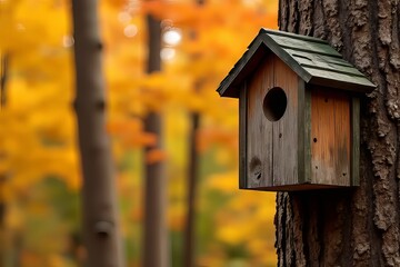 Autumnal Birdhouse on a Tree Trunk in Fall Foliage