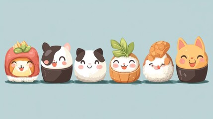 Obraz premium Cute animal sushi rolls in kawaii style.