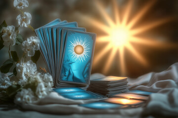 Tarot card The Sun close up on fortune teller table.