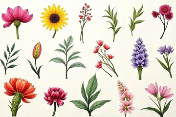 Beautiful Botanical Illustration of Various Flowers and Plants