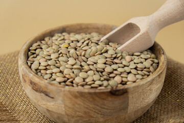 Raw green lentil Gluten free cereals. Health gut benefits. Concept of alternative whole spelt grain ingredient. Vegetarian diet recipes. Plant-based lifestyle. Copy space Protein rich eating 