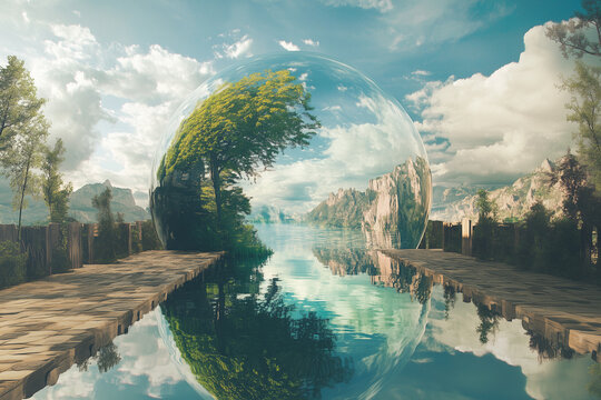 Growing trees in transparent spheres, parallel worlds background.