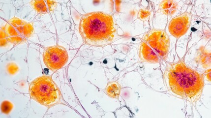 Aging cells under a microscope in a research lab. Featuring cell degradation and oxidative damage