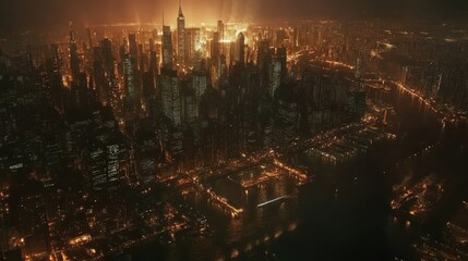 Obraz premium Nighttime Aerial View of a Dense City Skyline