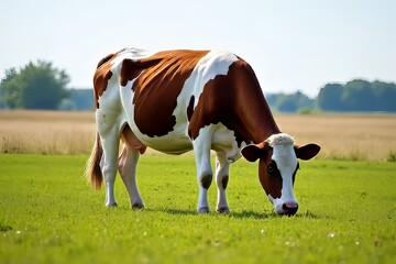 Beautiful Spotted Cow Grazing in Lush Green Pasture