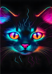 Neon Glowing Cat Portrait in Vibrant Cyberpunk Style Digital Art