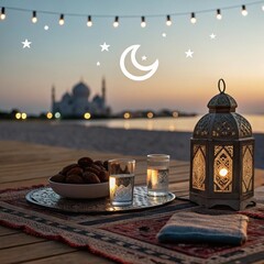 Peaceful Ramadan Sunset with Lantern, Dates, and Crescent Moon Over Scenic Beach Setting"