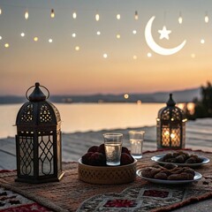 Serene Ramadan Iftar Setting with Lantern, Dates, and Crescent Moon in Scenic Outdoor Evening Setting