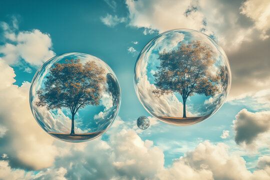 Growing trees in transparent spheres, parallel worlds background.