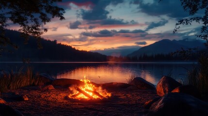Campfire Serenity: A Tranquil Lakeside Sunset