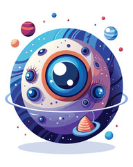 A colossal, eye-shaped planet, iris detailed, with several moons in varied orbits, swirling nebula background.  Realistic, high detail, sci-fi artwork.