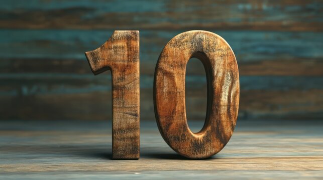 Rustic Wooden Number Ten on Weathered Wood Background