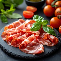 Italian cured ham slices on slate plate with tomatoes and basil